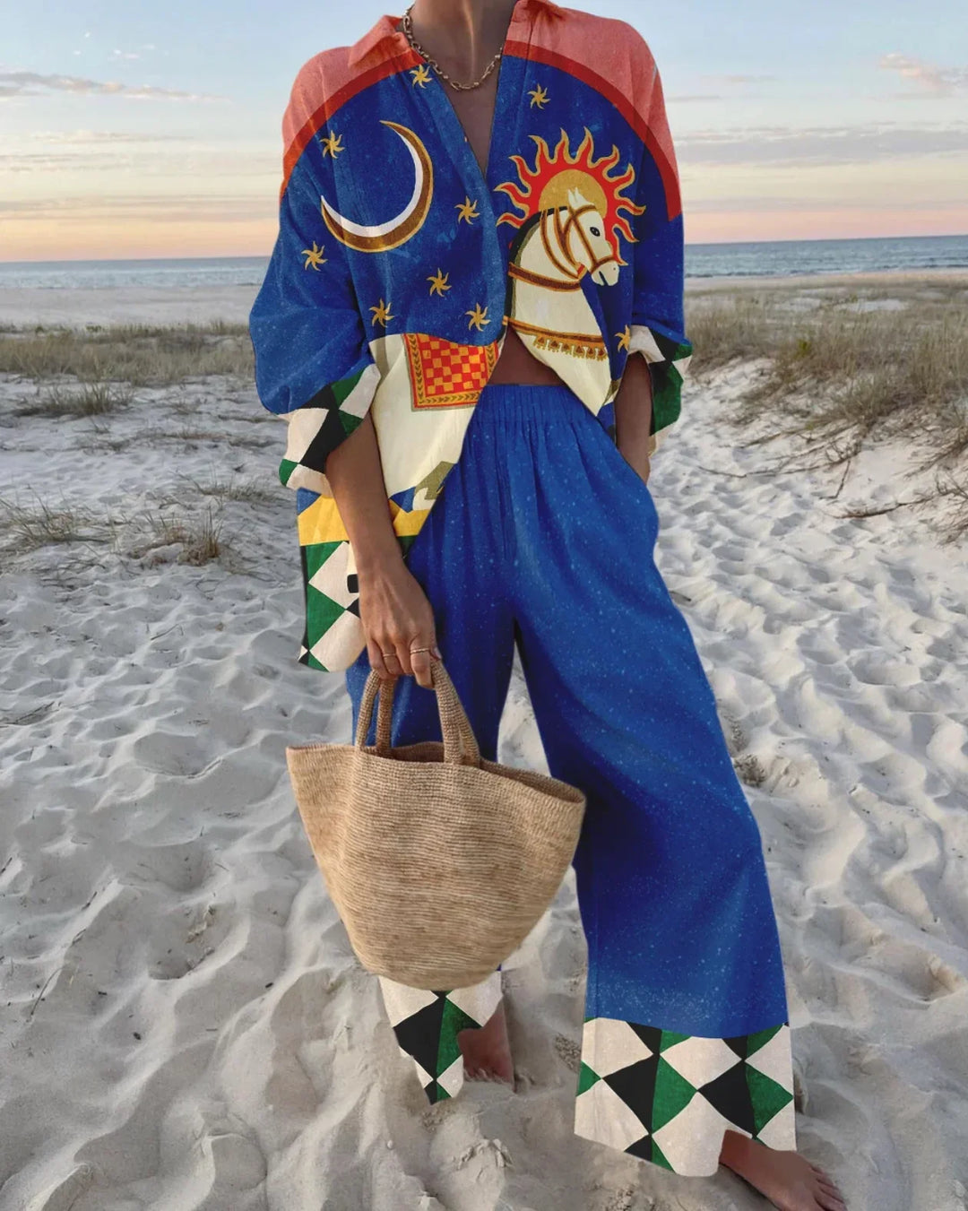 Printed Collared Shirt and Wide-Leg Trousers Set