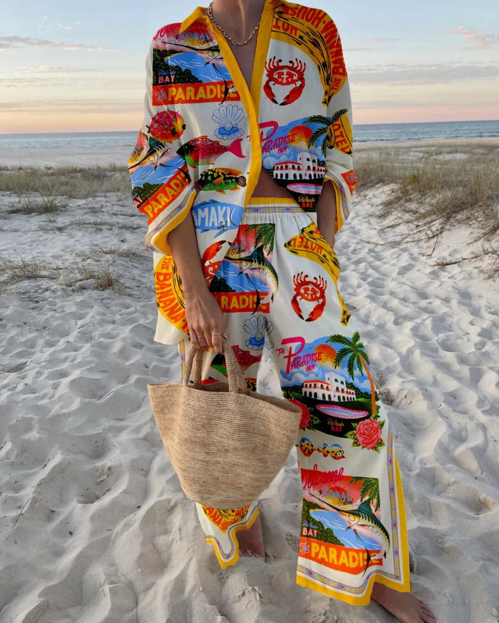 Printed Collared Shirt and Wide-Leg Trousers Set
