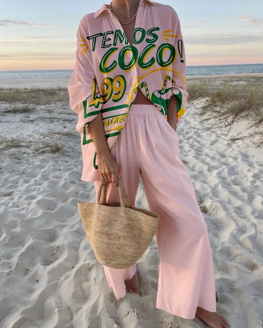 Printed Collared Shirt and Wide-Leg Trousers Set