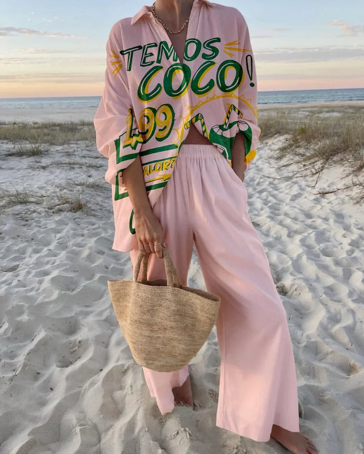 Printed Collared Shirt and Wide-Leg Trousers Set