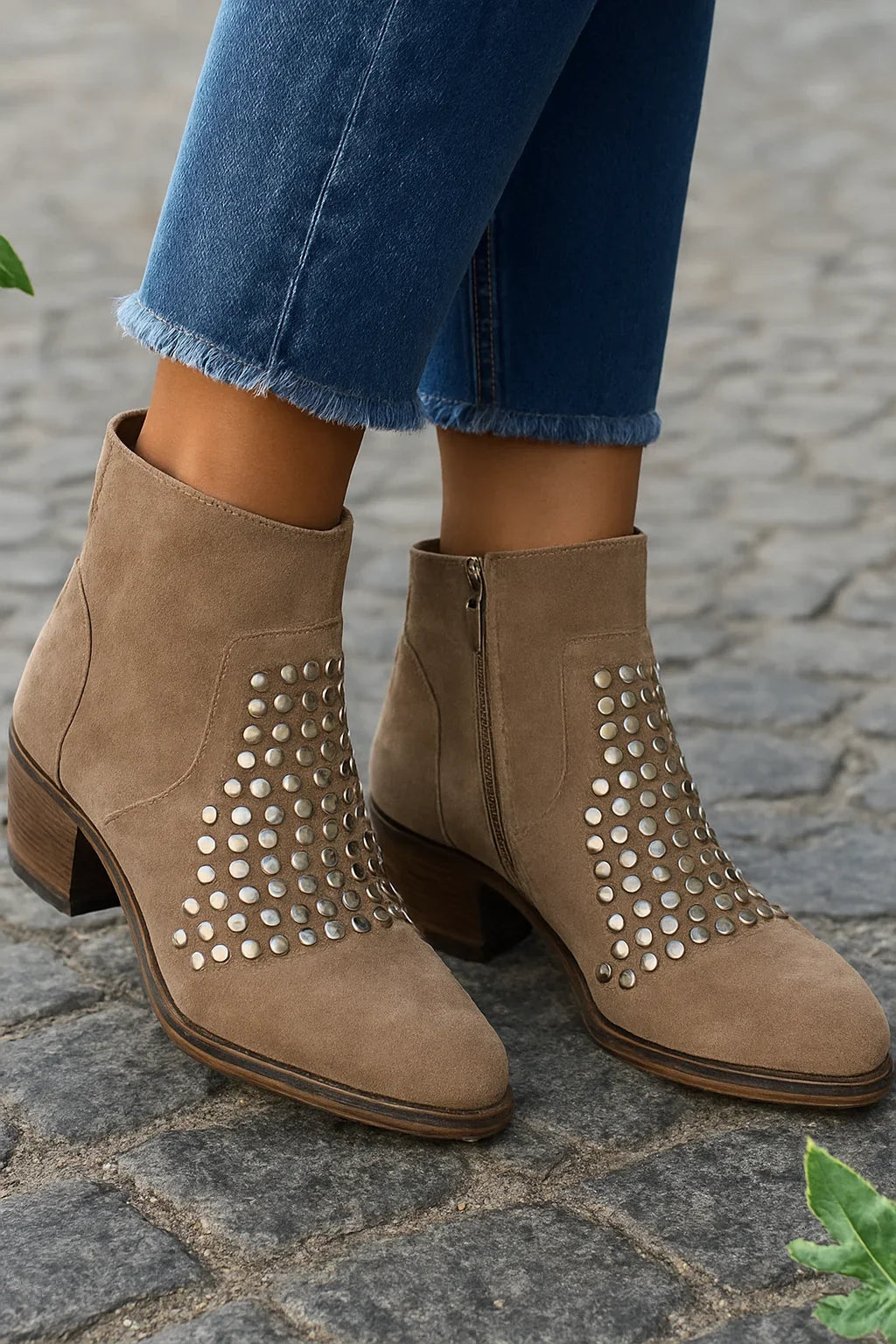 Tan Suede Studded Ankle Boots
