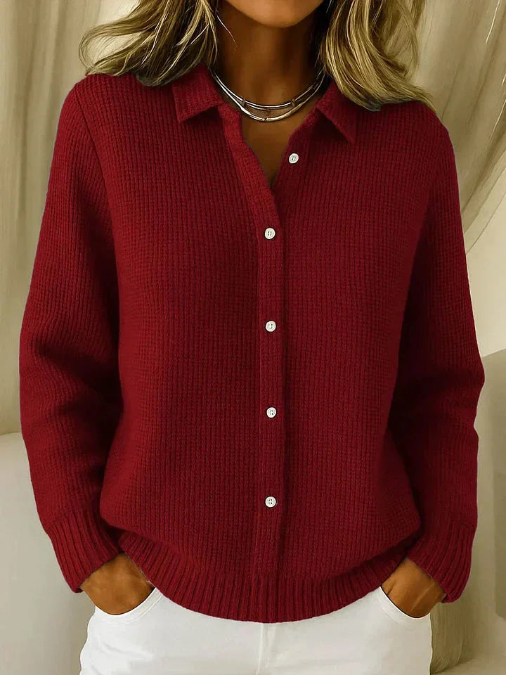 Women's Textured Knit Cardigan with Collared V-Neck
