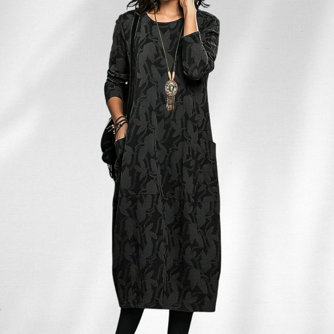 Textured Leaf Midi Dress with Pockets