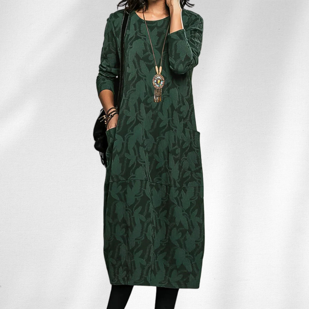 Textured Leaf Midi Dress with Pockets
