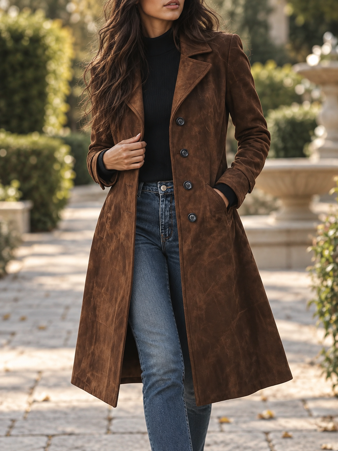 Women's Trench Coat with Lapel Collar and Side Pockets