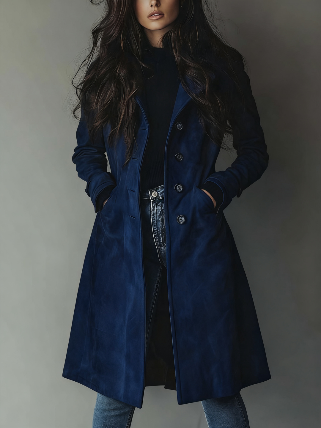 Women's Trench Coat with Lapel Collar and Side Pockets