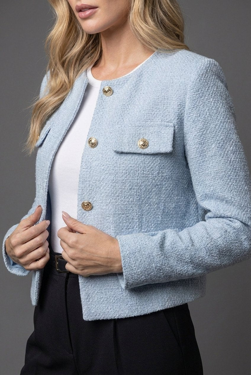 Women's Tweed Blazer Cropped with Round Neck and Buttons