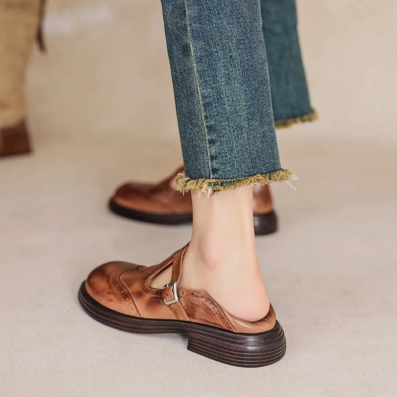 Women's Vegan Leather Mary-Jane Sandals with Buckle Strap