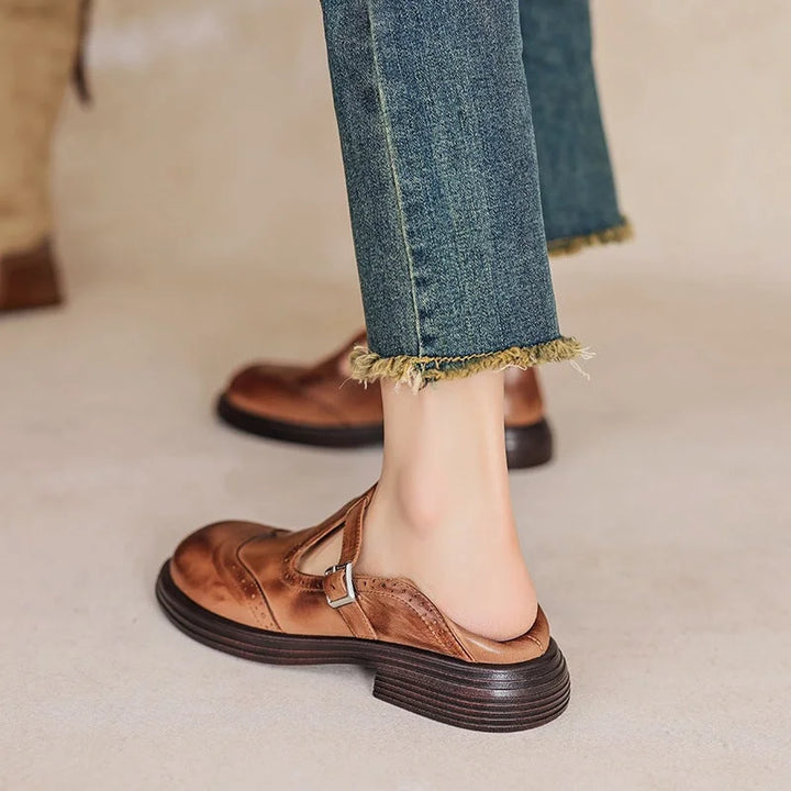 Women's Vegan Leather Mary-Jane Sandals with Buckle Strap