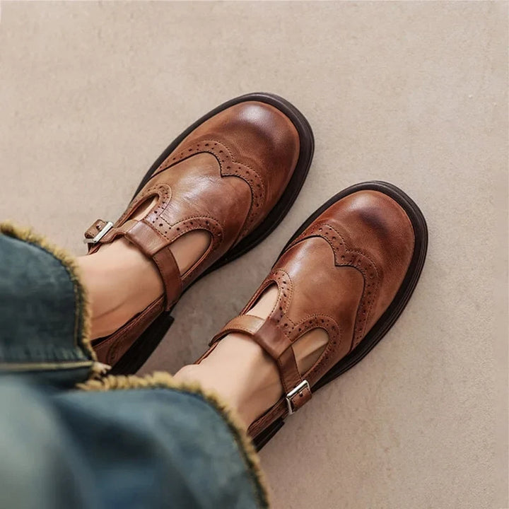Women's Vegan Leather Mary-Jane Sandals with Buckle Strap