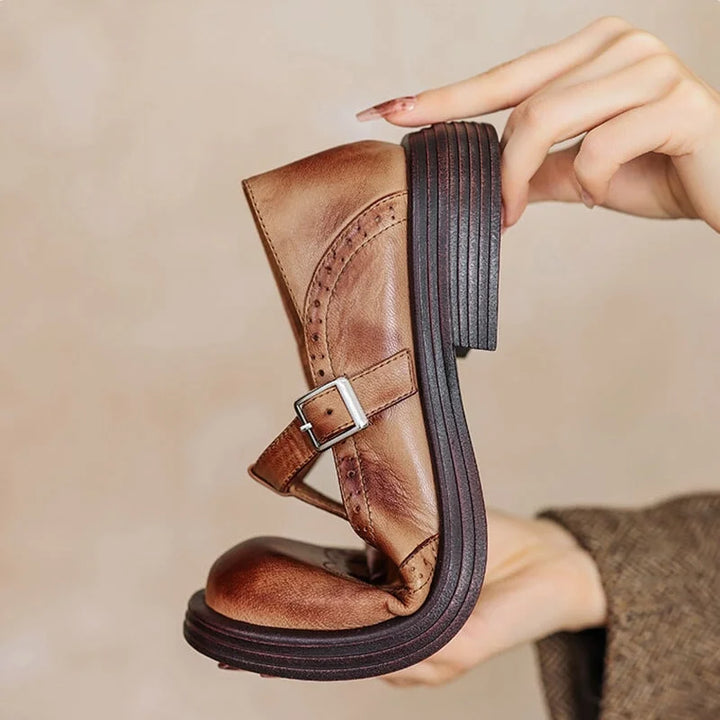 Women's Vegan Leather Mary-Jane Sandals with Buckle Strap