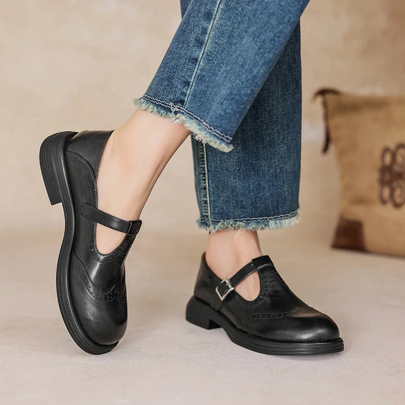 Women's Vegan Leather Mary-Jane Sandals with Buckle Strap