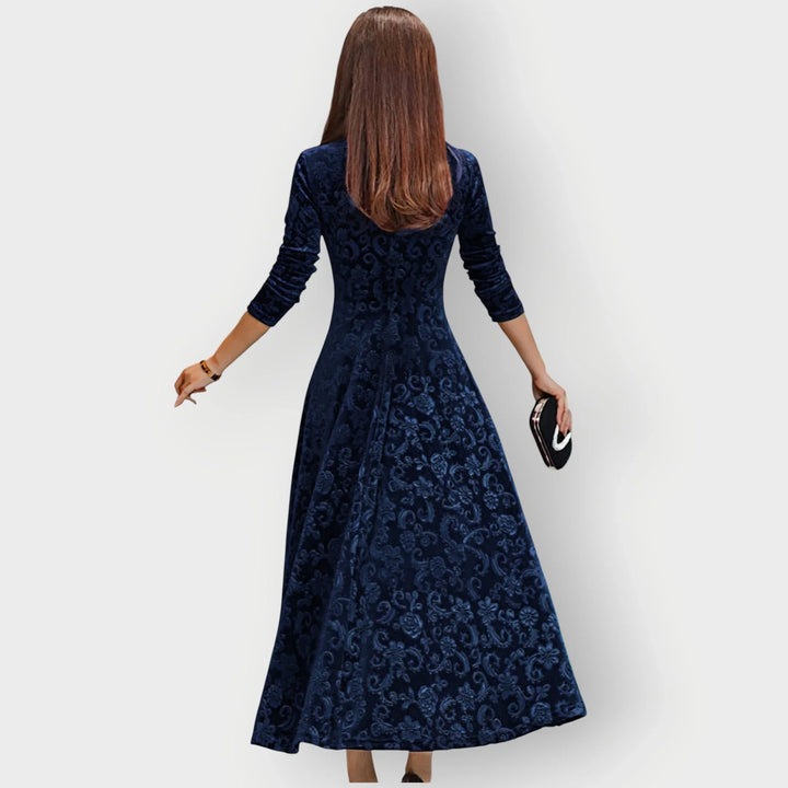 Vintage Floral Embossed Velvet Midi Dress With V-Neck