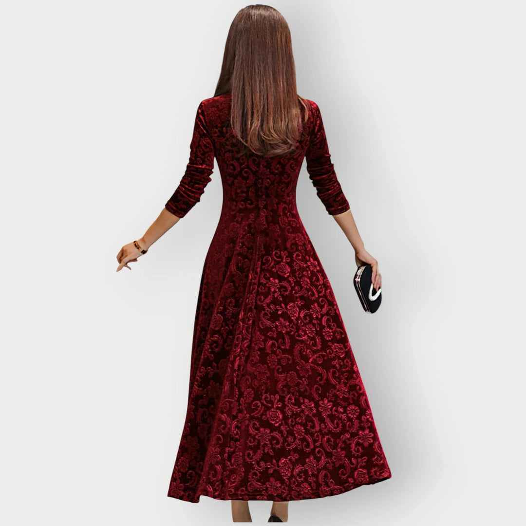 Vintage Floral Embossed Velvet Midi Dress With V-Neck