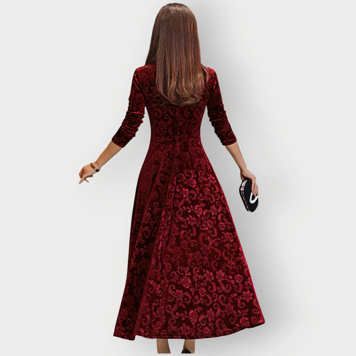 Vintage Floral Embossed Velvet Midi Dress With V-Neck