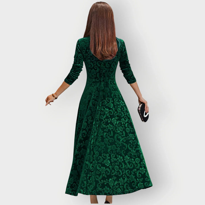 Vintage Floral Embossed Velvet Midi Dress With V-Neck
