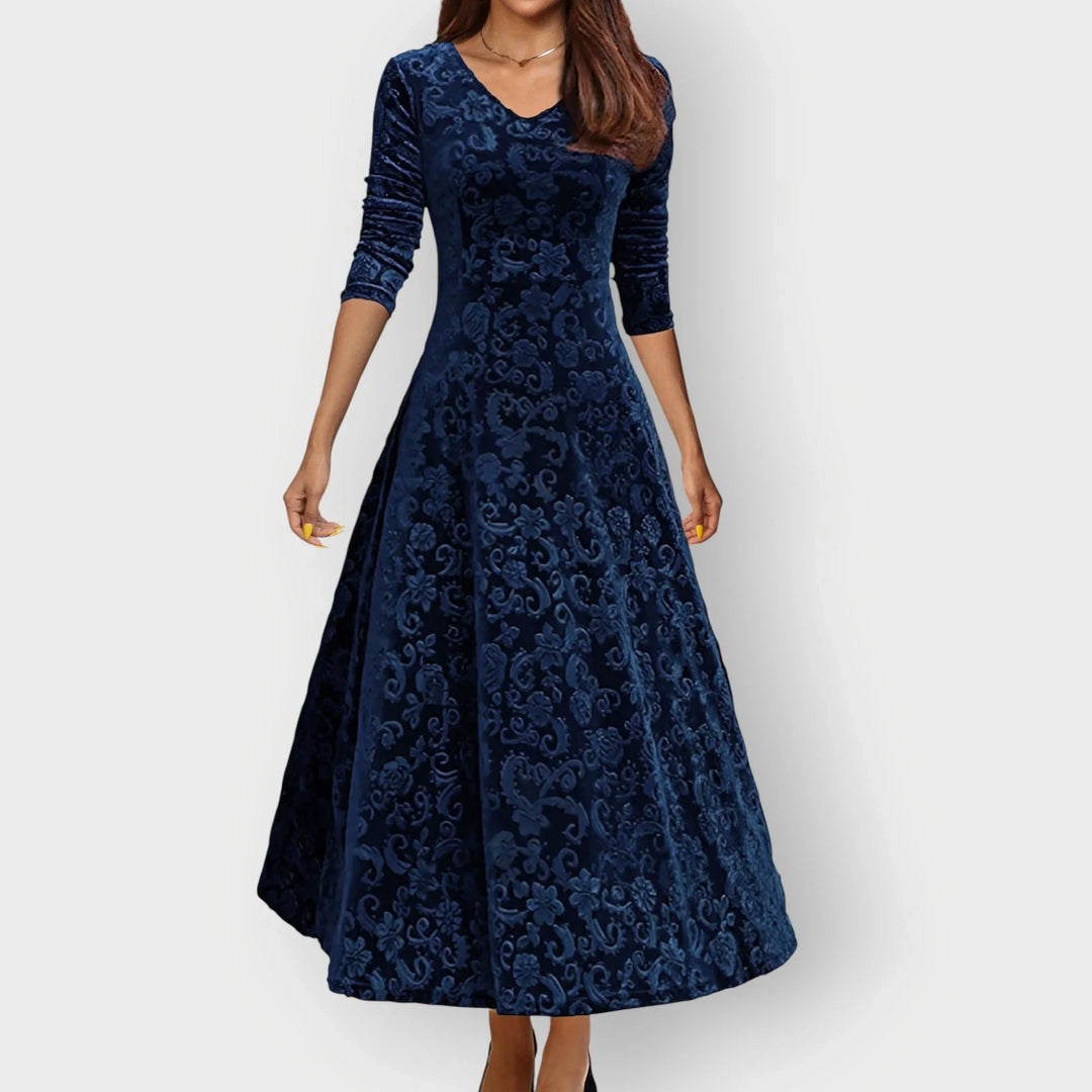 Vintage Floral Embossed Velvet Midi Dress With V-Neck