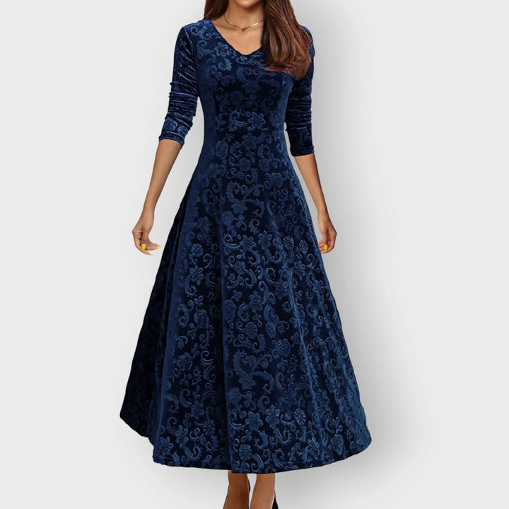 Vintage Floral Embossed Velvet Midi Dress With V-Neck