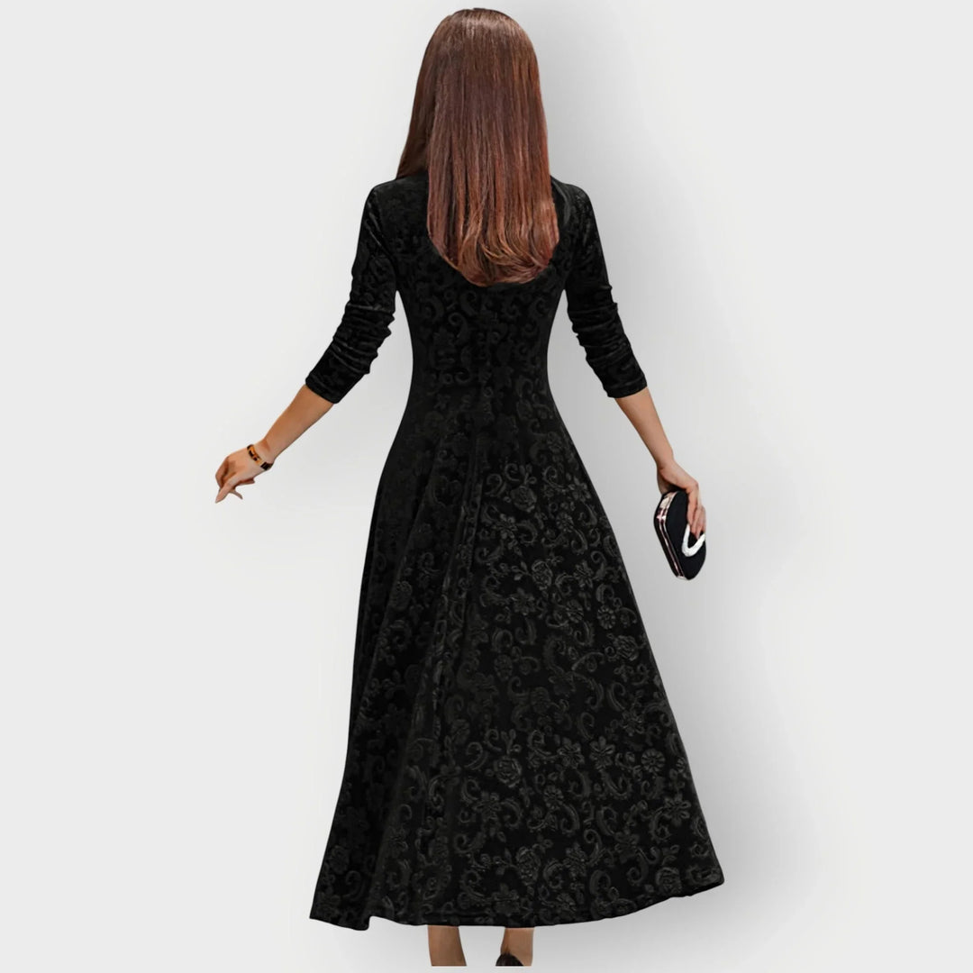 Vintage Floral Embossed Velvet Midi Dress With V-Neck