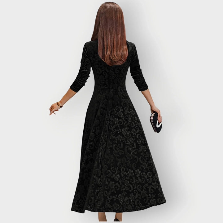 Vintage Floral Embossed Velvet Midi Dress With V-Neck