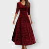 Vintage Floral Embossed Velvet Midi Dress With V-Neck