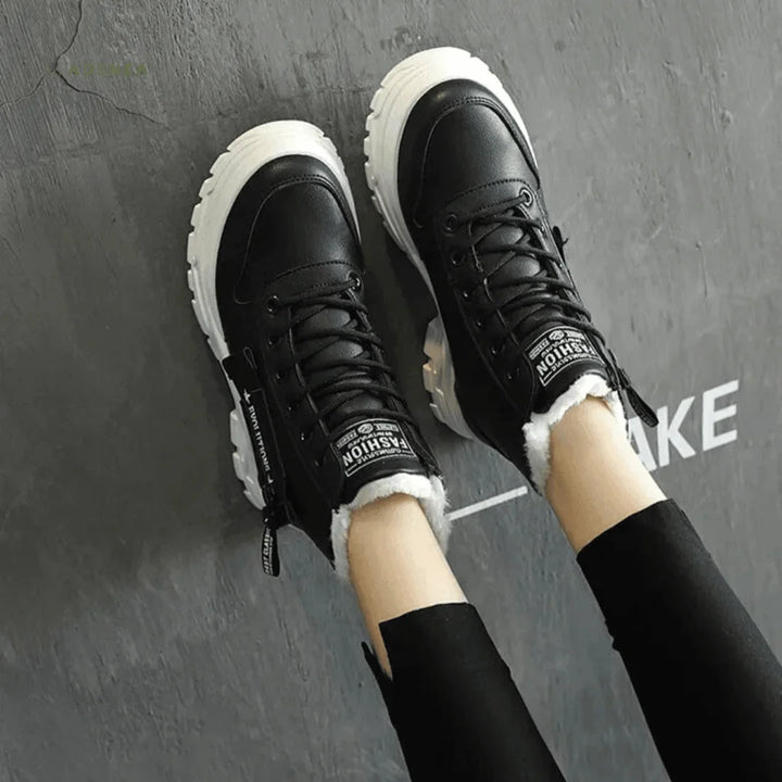 Faux Fur-Lined Lace-Up Ankle Boots with Chunky Sole