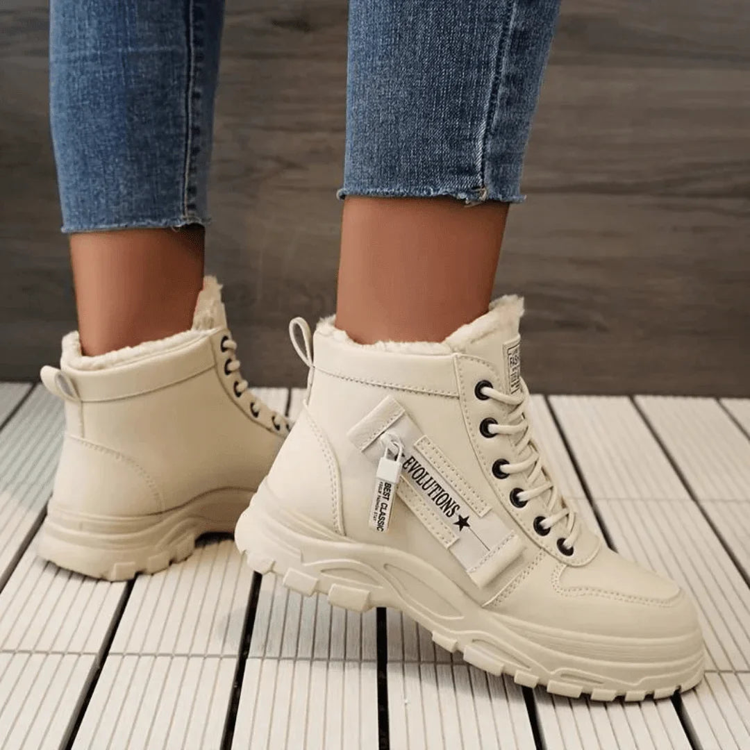 Faux Fur-Lined Lace-Up Ankle Boots with Chunky Sole