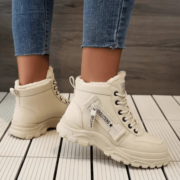 Faux Fur-Lined Lace-Up Ankle Boots with Chunky Sole