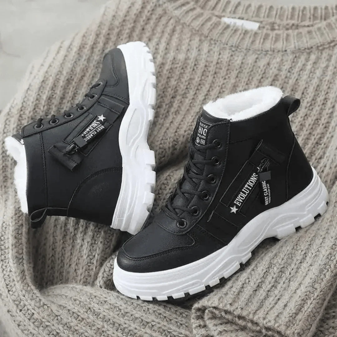 Faux Fur-Lined Lace-Up Ankle Boots with Chunky Sole