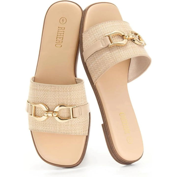Women's Woven Slide Sandals with Decorative Buckle Accent