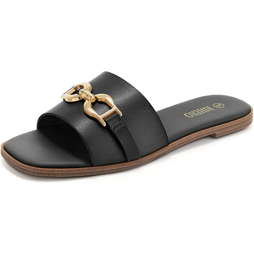 Women's Woven Slide Sandals with Decorative Buckle Accent