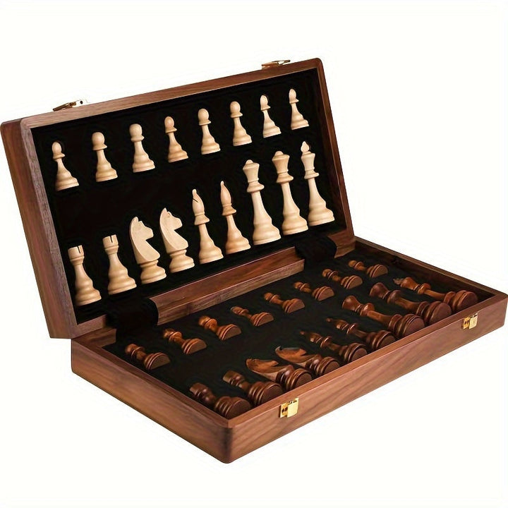 Wooden Chess Set with Folding Board Pieces and Interior Storage Slots Marble